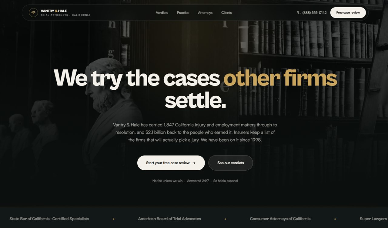 The Vantry & Hale law firm website
